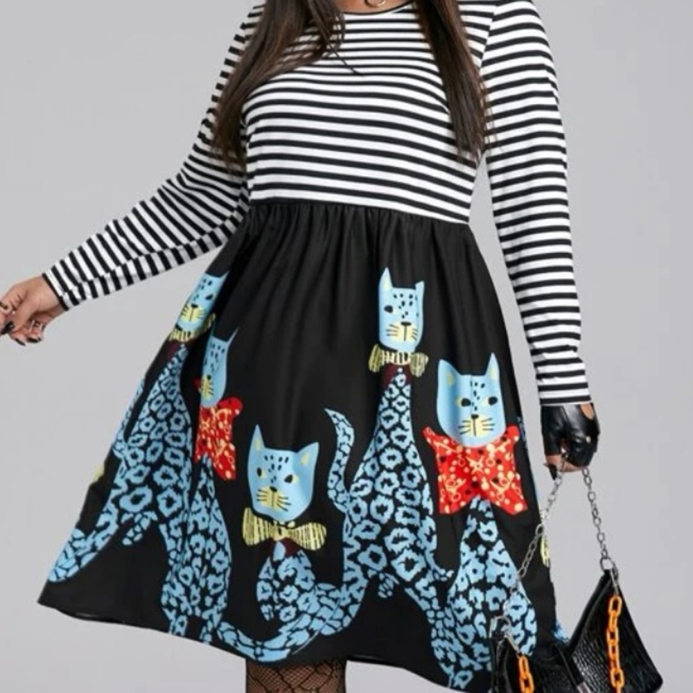 SHEIN Black and White Striped Cat Print Dress